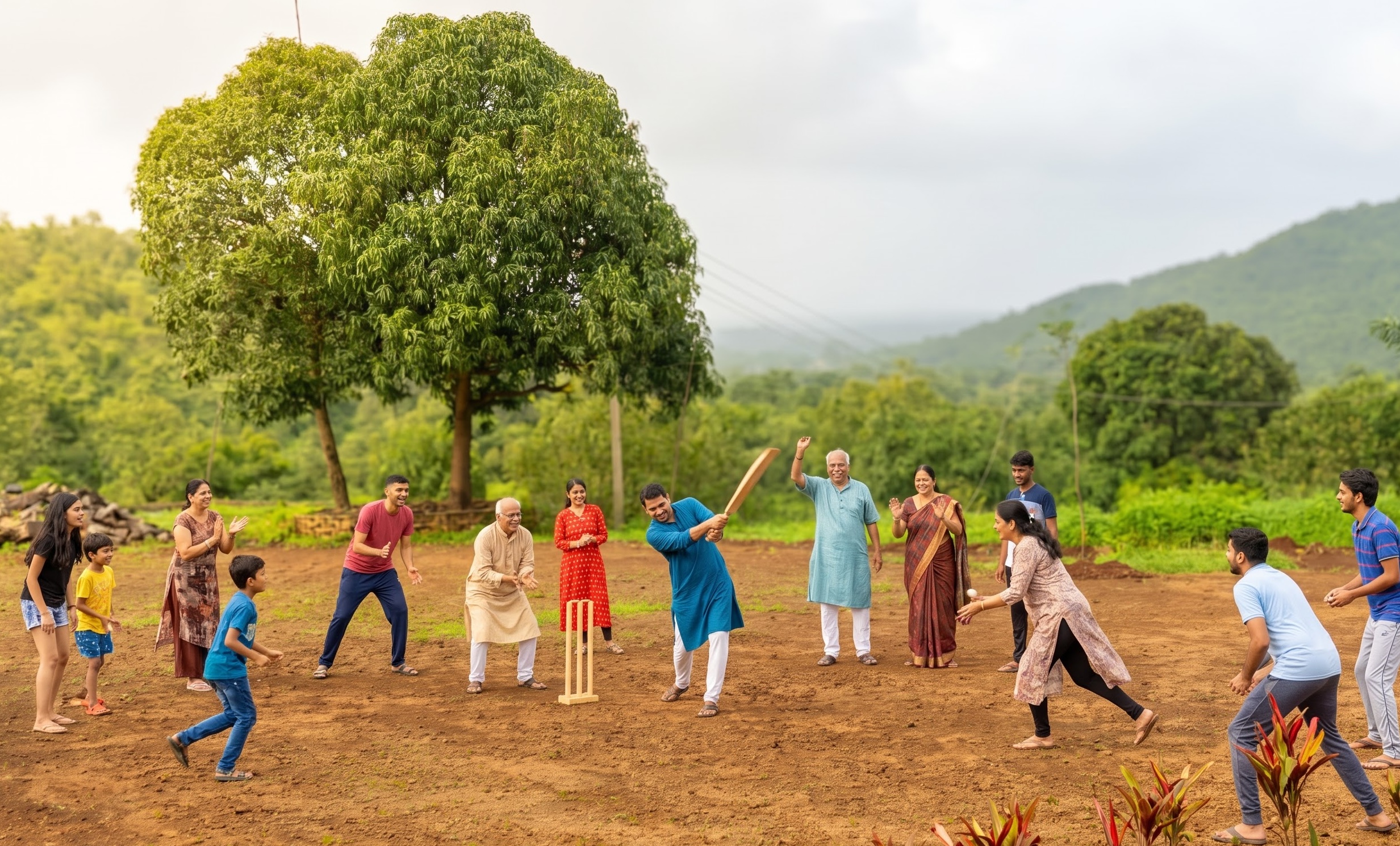 Guests playing cricket outdoors
