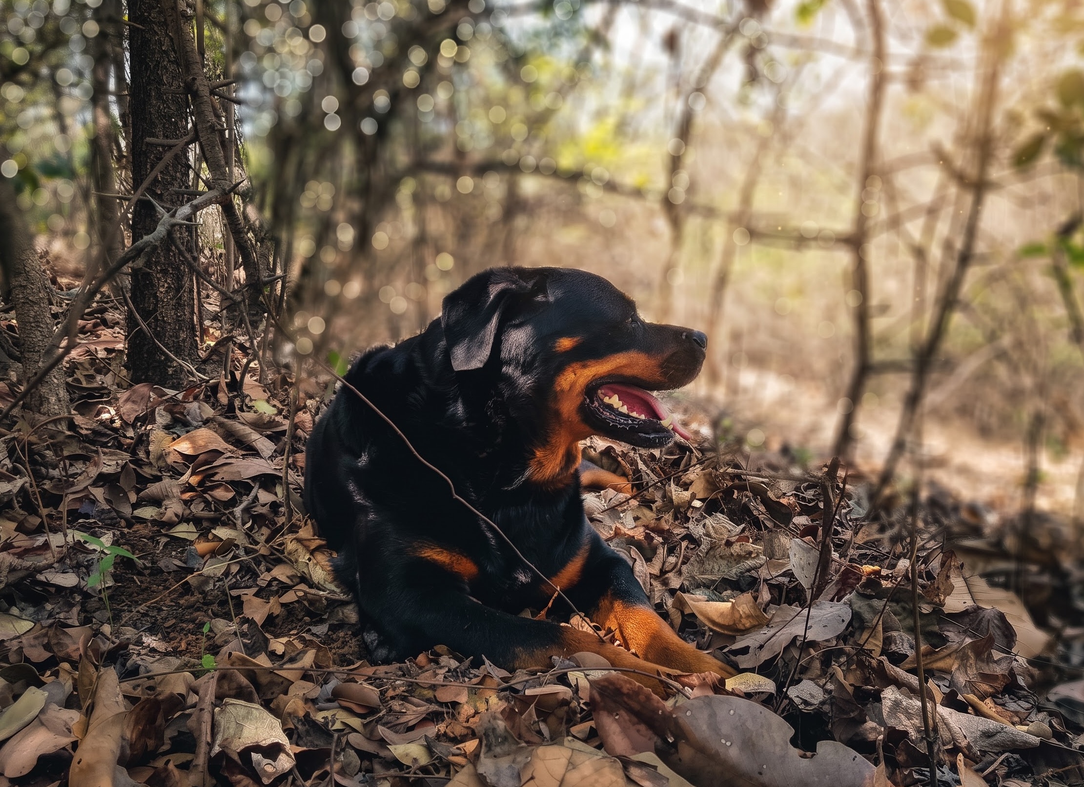 A dog resting among the leaves at Breathe Woods